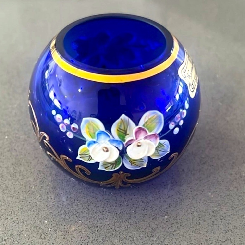 Egermann Bohemian Crystal Bowl In Cobalt Blue Gold And Gilt Applied Flowers